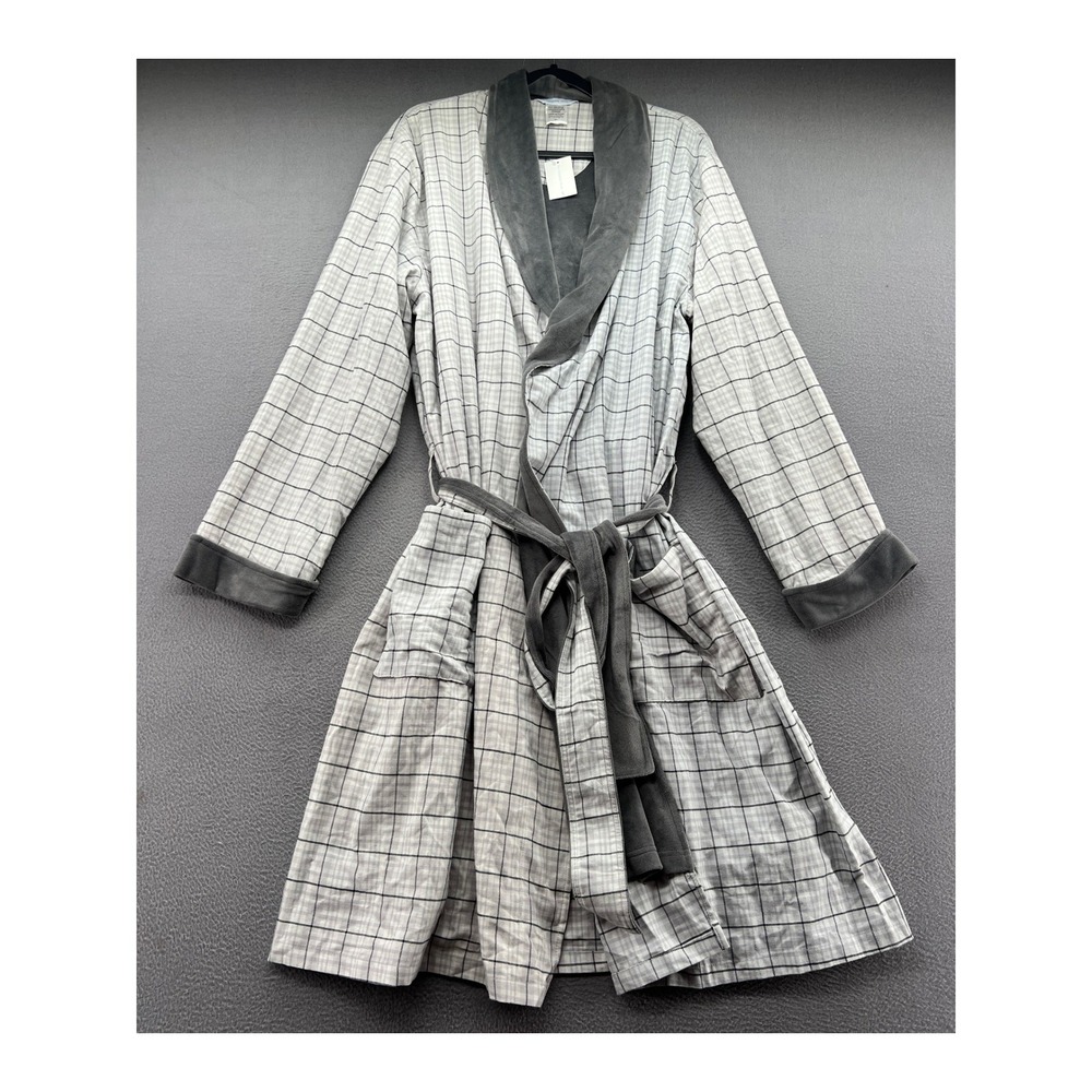 The Company Store Robe Mens S/M Plaid Robe Gray White Cotton Fleece Lined NWT
